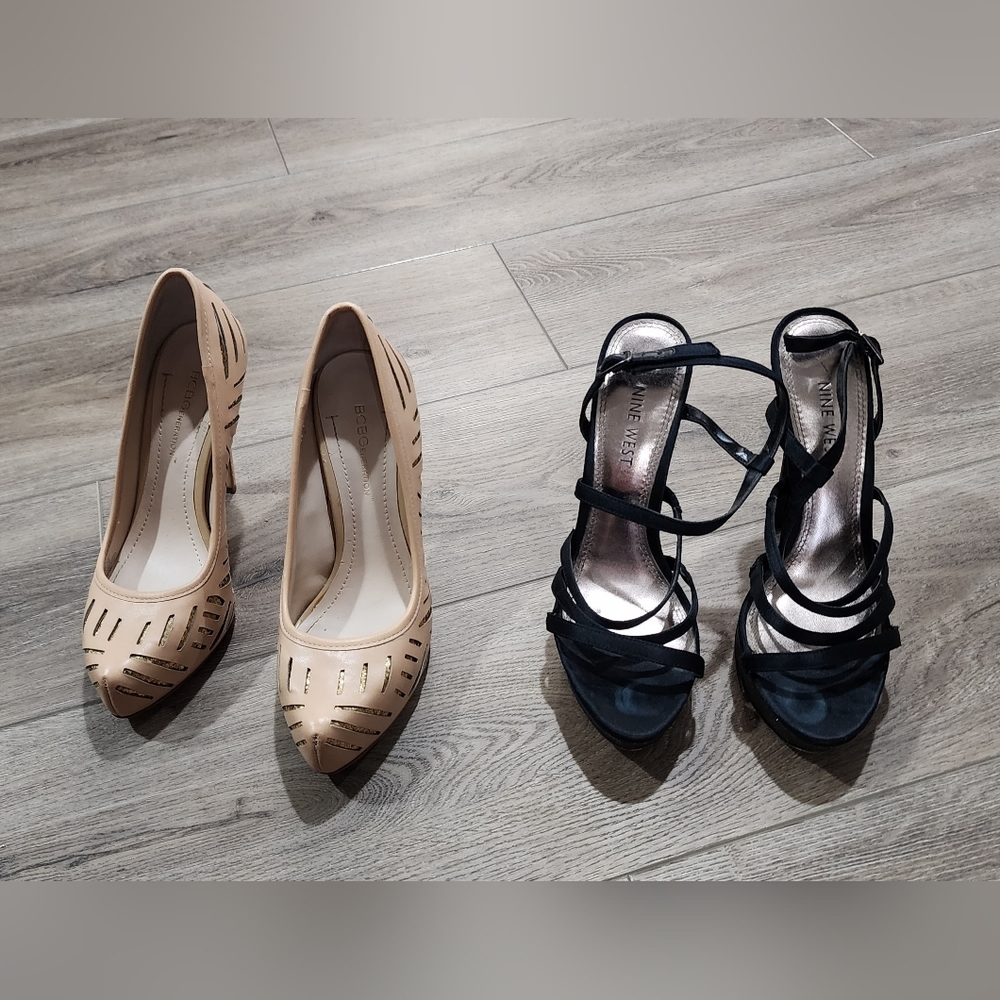 BCBG tan heels (size 6B/36) and Nine West black heels (size 6½).